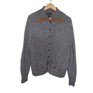 Eddie Bauer Mens XL Gray Lambswool Cashmere Donegal Cardigan Sweater Suede Trim